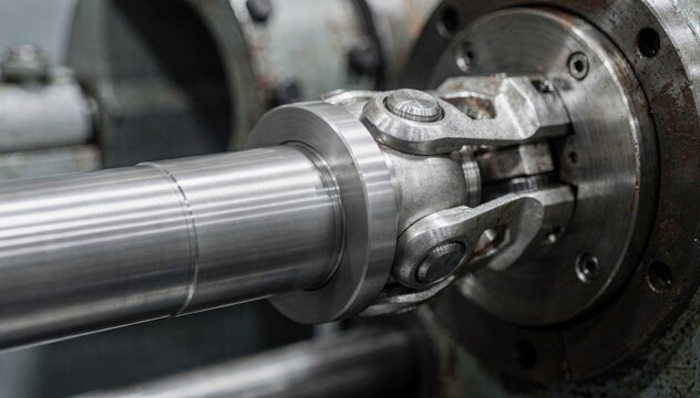 Closeup medium shot of a rotating mill spindle connected by a universal coupling highlighting smooth mechanical motion and precise engineering in industrial bar mill machinery.