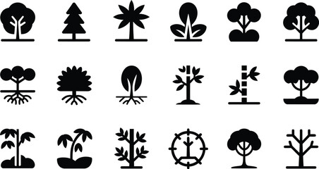 Fototapeta premium Tree line drawing set, minimal forest and wetland outline vector collection featuring side view trees, shrubs and natural landscape elements, vector designs