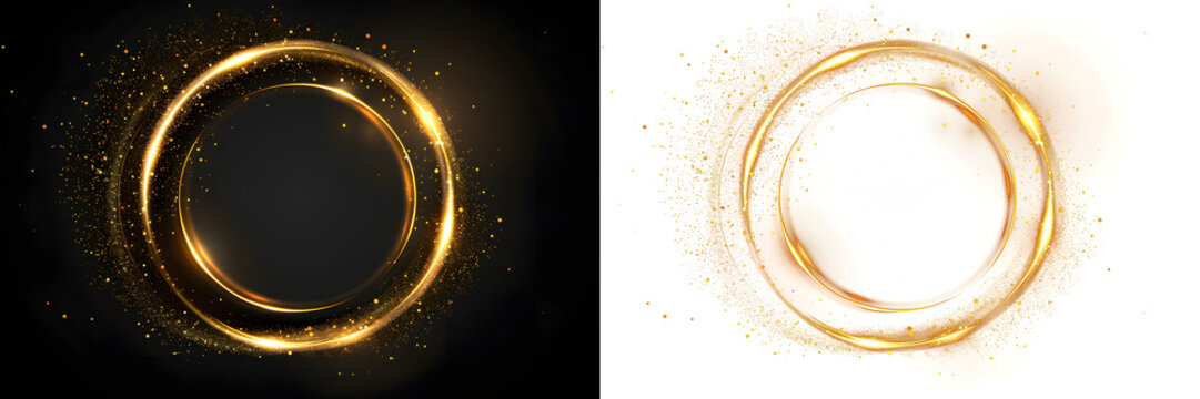 Golden glowing circle frame with glitter particles, luxury light effect, shiny ring border, abstract magic dust swirl on black and transparent background