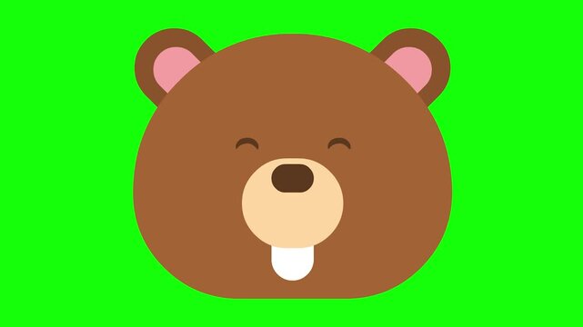 Cute cartoon bear face animation on green screen background.