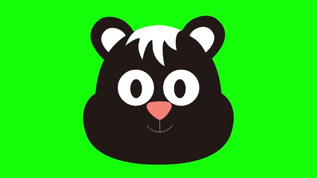 Cute cartoon skunk face animation on green screen background.