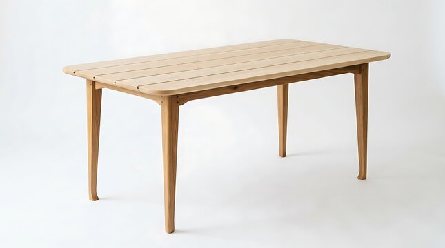 Light Wooden Slatted Table with Tapered Legs on White Background
