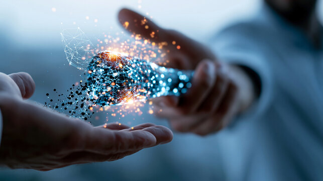 Close up of a glowing digital torch being passed between two professional hands above a bright clean background knowledge transfer concept leadership legacy expertise handover