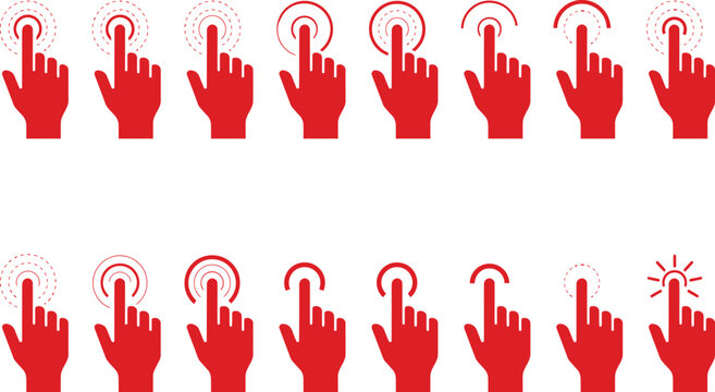 Hand gesture icons set for touchscreen. Red finger tap and click symbols for mobile interface.