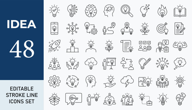 
Idea icon set. Creative related line icons: innovation, brainstorming, solution, thinking, light bulb, inspiration, invention, cooperation and more. Editable stroke. Vector illustration.