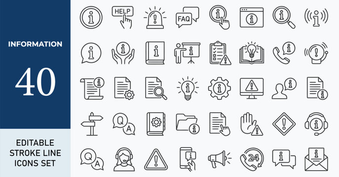 Information icon set. Containing info, help, inform, support, news, instruction, privacy policy, manual, rule, guide, reference and more. Editable line icons. Vector illustration.