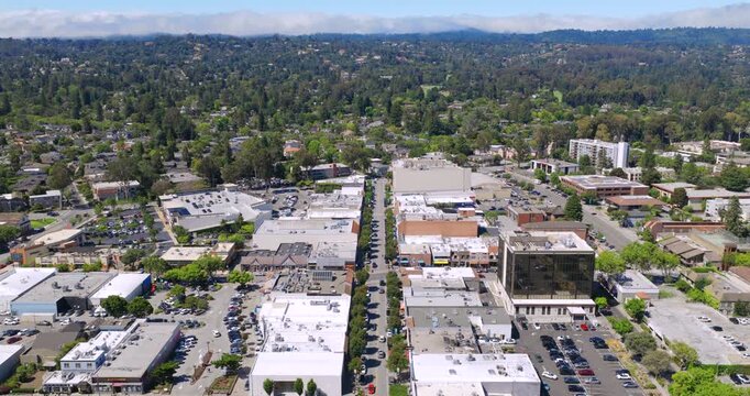 Burlingame California - Aerial Shot of Burlingame Ave Stores & Restaurants Facing West on Sunny Summer Day with Fog in Distance