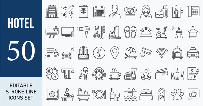 Hotel icon set. Hotel services related line icons: room, rental, reservation, hotel booking, parking, bellboy, breakfast, travel, vacation, holiday and more. Editable stroke. Vector illustration.