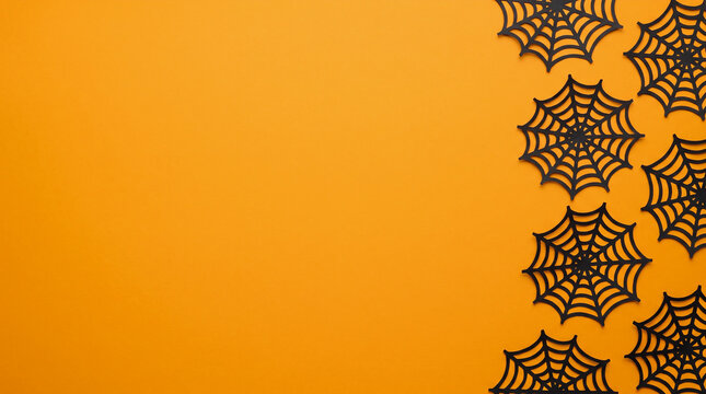 Halloween orange background featuring spider webs paper cut out right border with spooky copy space for party invitation, greeting card, banner, poster, flyer and autumn design