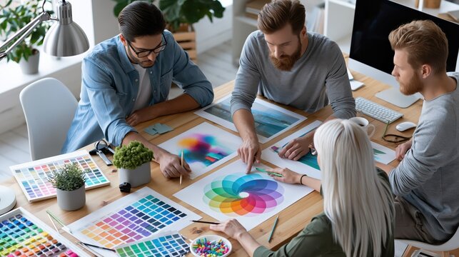 Group works on color palettes and design ideas in a creative studio during daylight hours