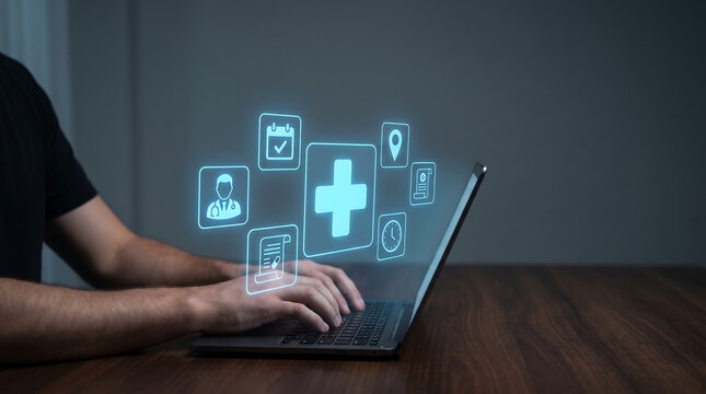 Healthcare provider interacting with virtual medical icons projected from a laptop screen for digital health management and patient record organization in dark home office.