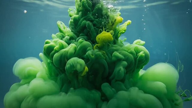 Green ink cloud with bubbles in blue water