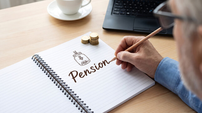 Older man writing the word pension in a notebook at his office desk with a stack of coins and a laptop computer in the background for retirement planning, retirement fund