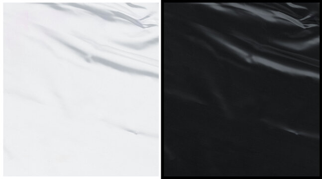 Crumpled plastic texture background, set of white and black wrinkled polyethylene sheets, glossy synthetic film surface for overlay and design