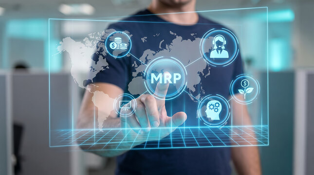 Business person interacting with a futuristic hologram digital interface displaying mrp material requirements planning concepts for industrial management, hologram