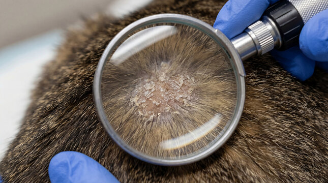 Veterinarian examining a domestic tabby cat with a magnifying glass, inspecting a flaky skin lesion for dermatological diagnosis in a veterinary clinic