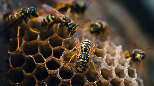 Group of wasps on a paper nest. Macro shot of yellow jacket insects on hexagonal hive cells. Pest control and wildlife concept