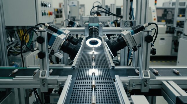 Medium shot of highspeed cameras capturing detailed inline optical resistor inspection from a top view emphasizing precision defect detection and dimensional accuracy.