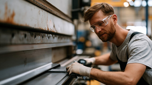 Precision sheet metal fabricator operating press brake machine forming complex bracket profile, safety glasses and anti-vibration gloves, digital angle gauge checking bend,