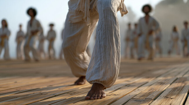 Brazilian capoeira instructor leading youth class in ginga footwork drill on outdoor wooden deck, students in traditional abada uniforms, early morning mist at community sports