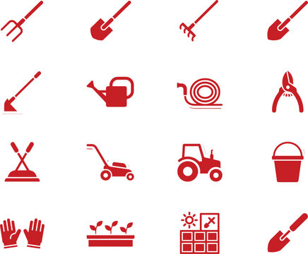Farm equipment and agricultural tools icon set. Vector line art of tractors, harvesters, and gardening essentials for commercial use.