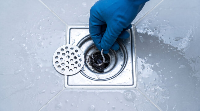Removing hair clog from shower drain metal cover using protective rubber glove with cleaning bathroom plumbing maintenance blockage household sanitation drainage