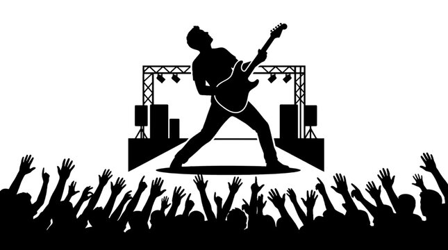Silhouette of a rockstar playing guitar on stage with a cheering crowd in front of a concert setup on transparent background