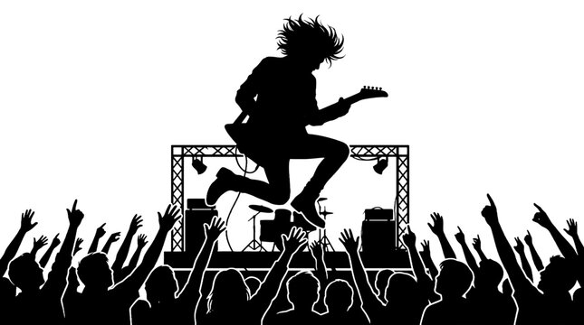 Silhouette of a rock guitarist jumping on stage with a cheering crowd below on transparent background