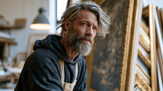 A picture framer with a pencil tucked behind one ear measures a museum-quality canvas against a selection of ornate gilded moulding samples in a well-lit gallery workshop, fine