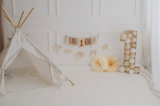 Minimal Boho First Birthday Backdrop with Teepee Tent and Number One Decoration