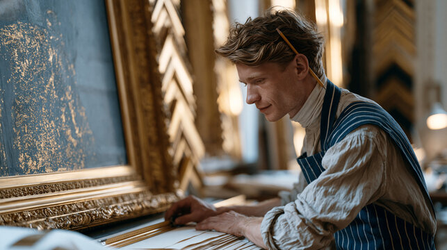 A picture framer with a pencil tucked behind one ear measures a museum-quality canvas against a selection of ornate gilded moulding samples in a well-lit gallery workshop, fine