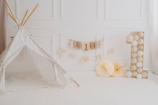 Minimal Boho First Birthday Backdrop with Teepee Tent and Number One Decoration