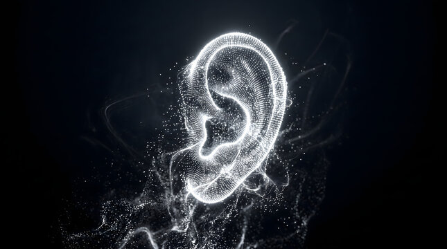 AI-generated surreal glowing ear made of white light sparks, fitness transformation and inner listening concept, dramatic dark studio lighting