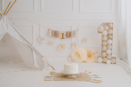 Minimal Boho First Birthday Backdrop with Teepee Tent and Number One Decoration
