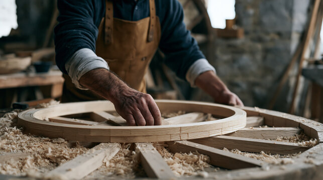 A wainwright with calloused hands and a leather apron fits a curved ash wood rim onto a restored wagon wheel inside a centuries-old rural workshop, sawdust coating stone floors,