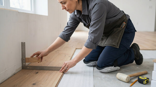 Skilled Female Installer Laying Wood Flooring in a Modern Home