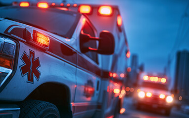 Naklejka premium Emergency medical services ambulance with flashing lights responding to urgent call at night