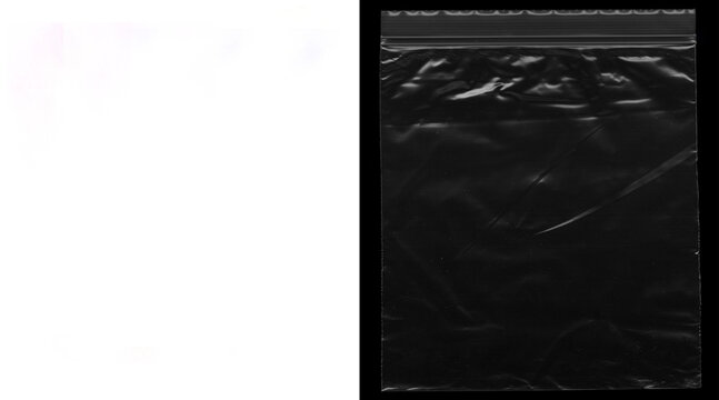 Transparent plastic texture on black background, wrinkled cellophane bag overlay, glossy polyethylene film with creases and light reflections