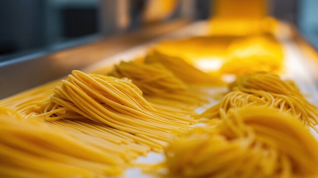 Close up of fresh yellow pasta on a conveyor belt. Industrial food production of traditional Italian noodles. Warm golden lighting on raw spaghetti dough