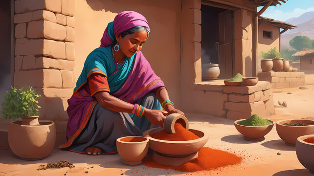 Traditional Spice Grinding Stone Miris Gala Flat Illustration