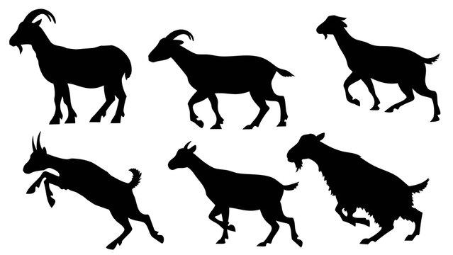 Set of goat silhouettes in various poses with goat icon farm animal design element silhouette collection livestock standing isolated wildlife