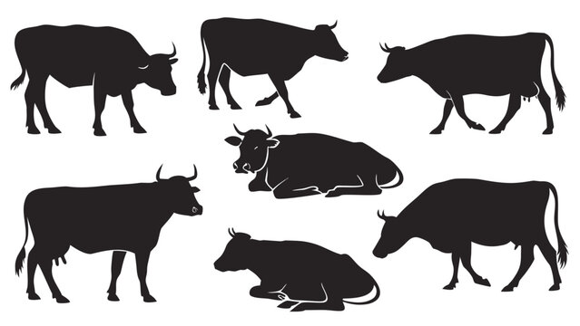 Black and white cow silhouette set in various positions with farm animal silhouette livestock standing collection agriculture isolated