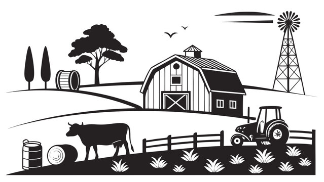 Farm scene with barn windmill tractor landscape windmill agriculture countryside illustration building farmstead
