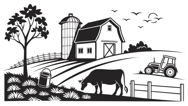 Rustic farm scene with barn silo and cow illustration agriculture countryside landscape livestock illustration silhouette building farmhouse