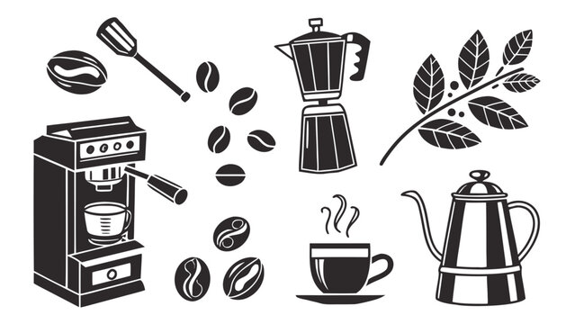 Coffee making equipment and beans icons set with espresso caffeine beverage collection