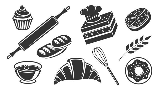 Bakery and pastry elements silhouette icons with croissant silhouette culinary
