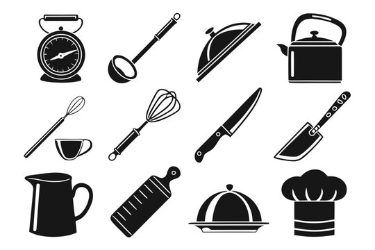 Kitchen utensils and cooking tools icons set with utensils silhouette culinary restaurant equipment preparation collection