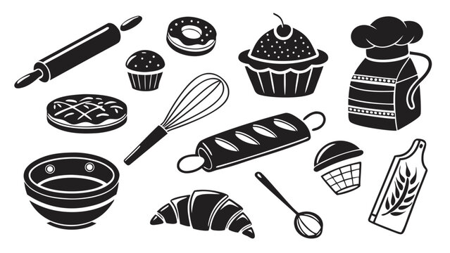 Bakery and pastry baking utensils icon set with rolling pin utensils croissant silhouette culinary equipment restaurant