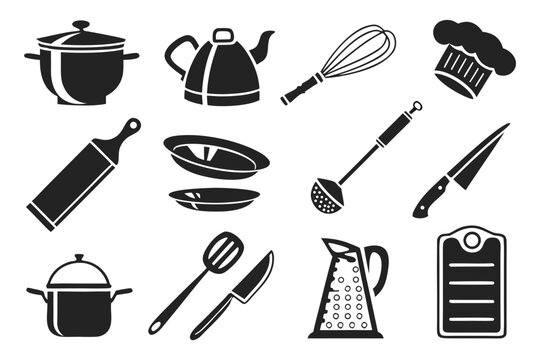 Set of cooking equipment and kitchenware silhouettes with kitchenware utensils silhouette culinary cuttingboard preparation equipment cookware restaurant cookingpot