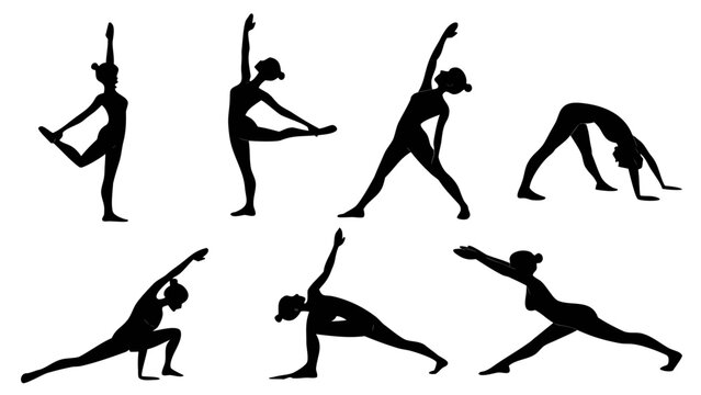 Advanced yoga stretching positions silhouette set with stretching silhouette exercise lifestyle wellness training flexibility movement practicing strength meditation athletic